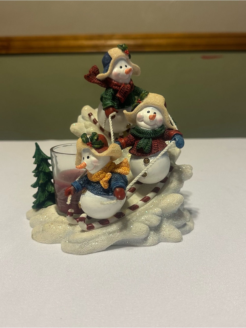 Home Interiors Snowman Sled Trio Candleholder - White, Red, Green